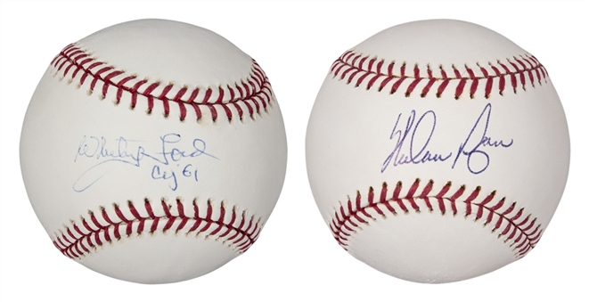 Lot of (2) Hall of Fame Pitchers Single Signed OML Selig Baseball Including Whitey Ford and Nolan Ryan (MLB Authenticated, Steiner and PSA/DNA)